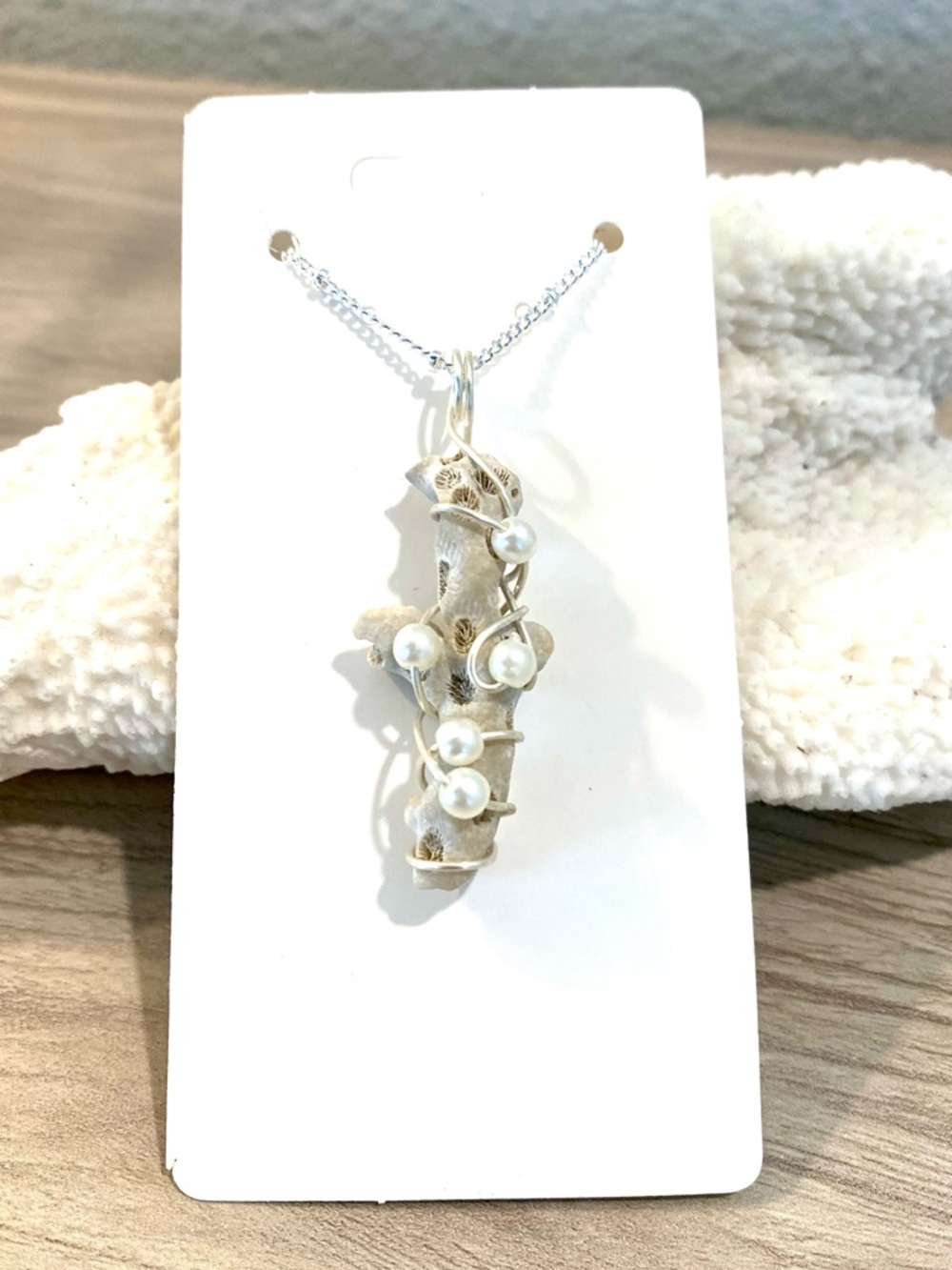 25. Florida Bush Coral Necklace with Delicate Silver and Pearl Accent